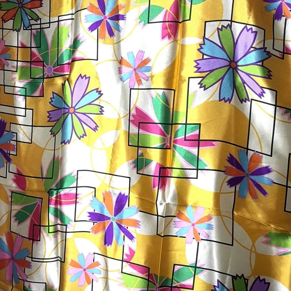 Vintage Elta Vibrant Doodle Floral Silk Scarf 36x36 Mod Eclectic Grandmacore